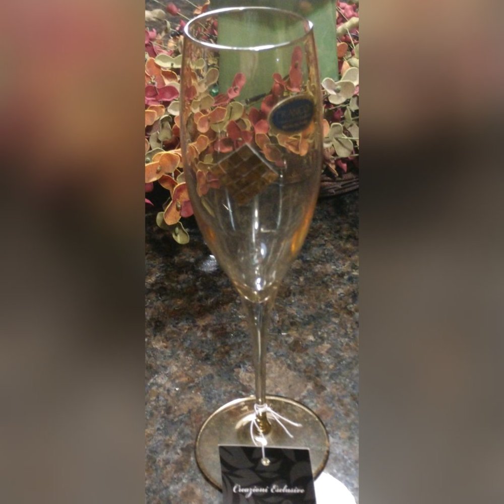 Franco-Vetterie e' Cristal Erie Iridescent Amber Champagne Flutes - Picture 2 of 8